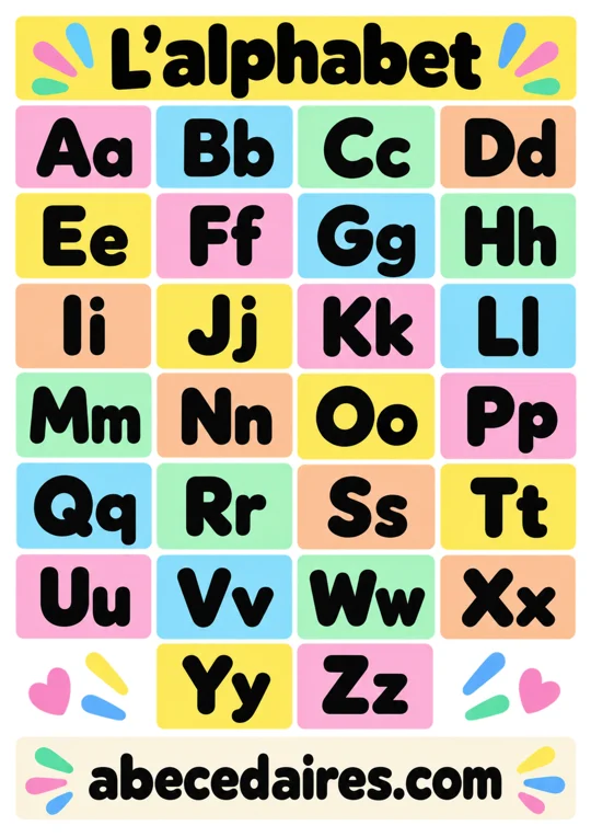 Abécédaire de l’alphabet de A à Z en français, style majuscules et minuscules — pop géométrique, par Abecedaires.com.