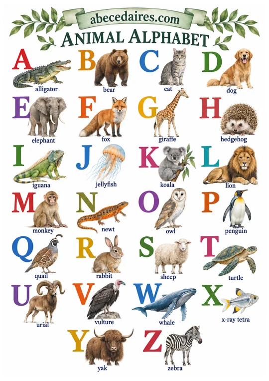 English alphabet poster from A to Z, style animals — watercolour, par Abecedaires.com.