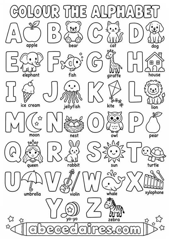 English alphabet poster from A to Z, style colouring alphabet, par Abecedaires.com.