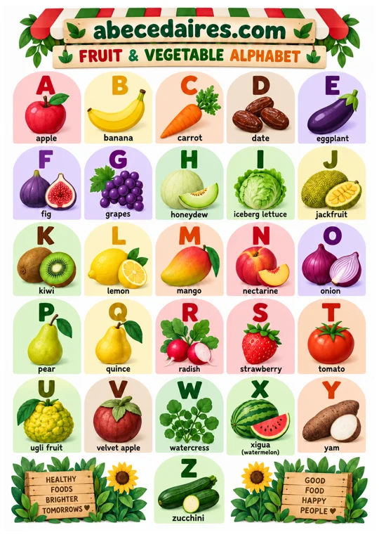 English alphabet poster from A to Z, style fruit & vegetables — paper cut, par Abecedaires.com.
