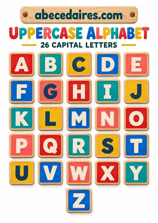 English alphabet poster from A to Z, style uppercase alphabet — toy blocks, par Abecedaires.com.