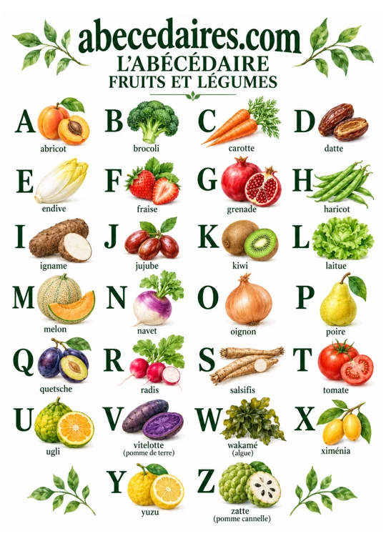 Abécédaire des fruits et légumes de A à Z en français, style aquarelle du potager, par Abecedaires.com.