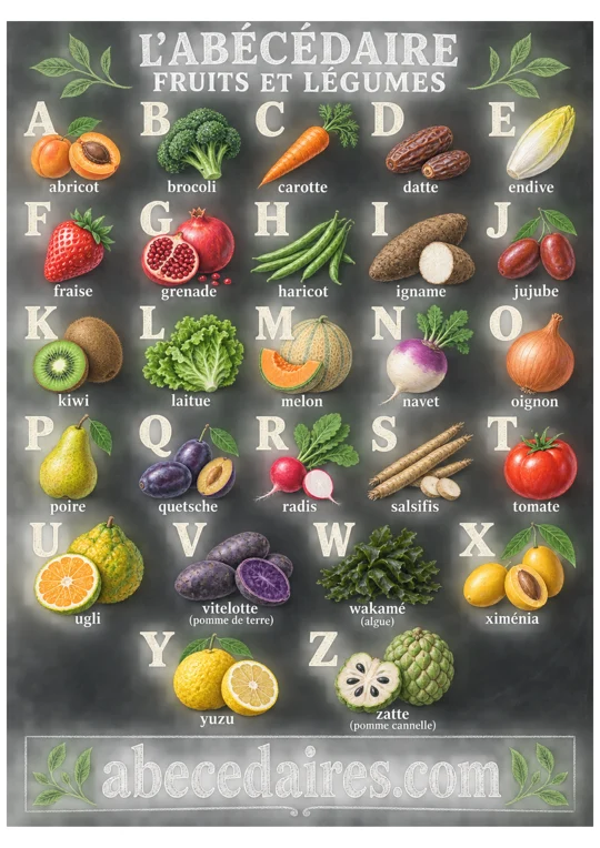 Abécédaire des fruits et légumes de A à Z en français, style ardoise du marché, par Abecedaires.com.