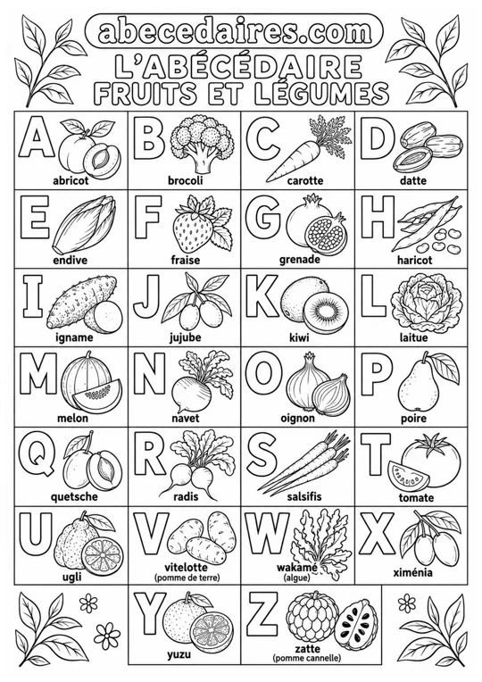 Abécédaire à colorier de A à Z en français, noir et blanc, style fruits et légumes — botanique, par Abecedaires.com.