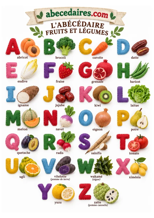 Abécédaire des fruits et légumes de A à Z en français, style feutrine, par Abecedaires.com.
