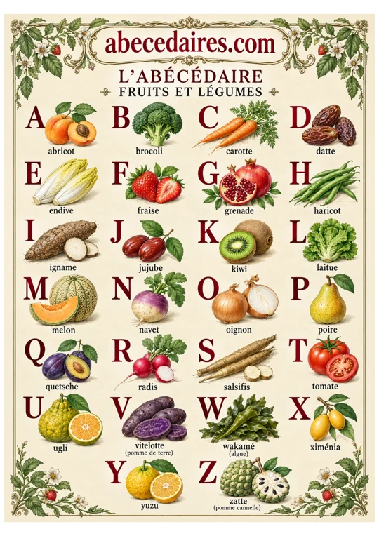 Abécédaire des fruits et légumes de A à Z en français, style gravure botanique, par Abecedaires.com.