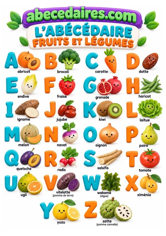 Abécédaire des fruits et légumes de A à Z en français, style jouets 3d, par Abecedaires.com.
