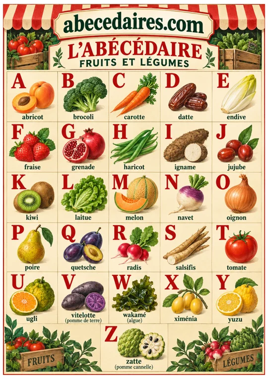 Abécédaire des fruits et légumes de A à Z en français, style marché rétro, par Abecedaires.com.