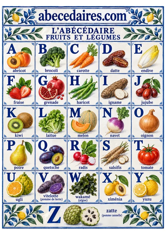 Abécédaire des fruits et légumes de A à Z en français, style faïence méditerranéenne, par Abecedaires.com.