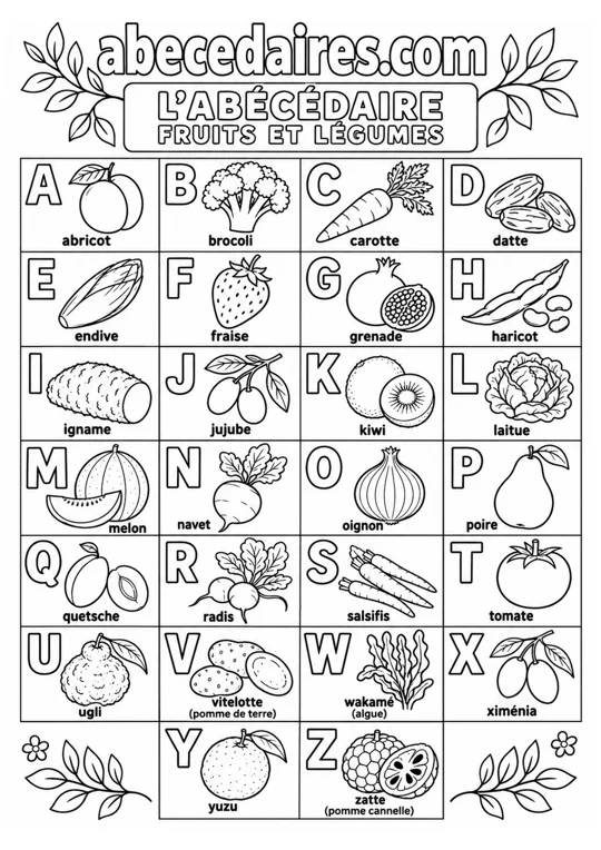 Abécédaire à colorier de A à Z en français, noir et blanc, style fruits et légumes — premiers coloriages, par Abecedaires.com.