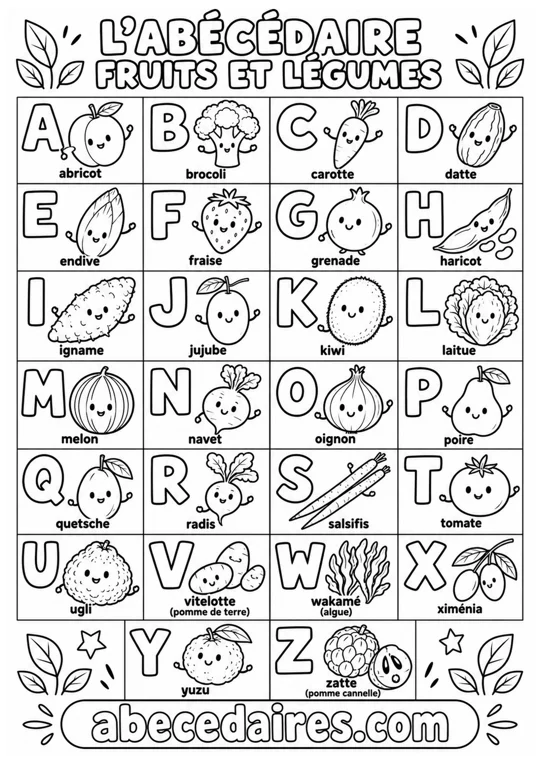 Abécédaire à colorier de A à Z en français, noir et blanc, style fruits et légumes — rigolos, par Abecedaires.com.