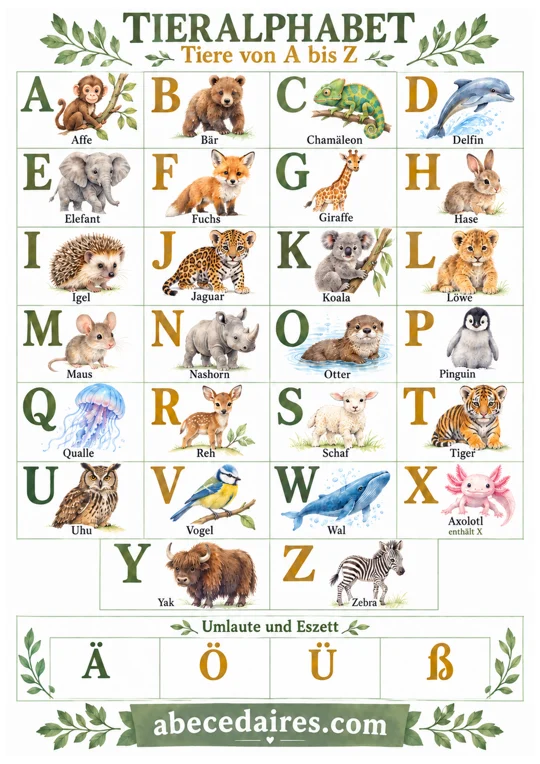 Deutsches Alphabet von A bis Z mit Umlauten und Eszett, Stil tieralphabet, par Abecedaires.com.