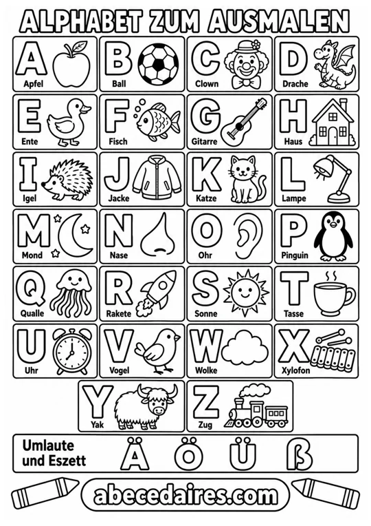 Deutsches Alphabet von A bis Z mit Umlauten und Eszett, Stil alphabet zum ausmalen, par Abecedaires.com.