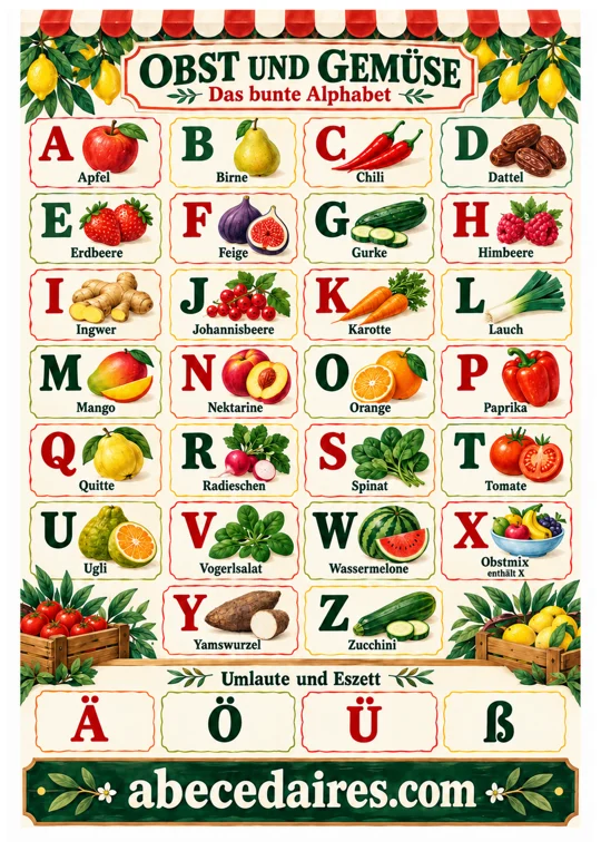 Deutsches Alphabet von A bis Z mit Umlauten und Eszett, Stil obst und gemüse, par Abecedaires.com.