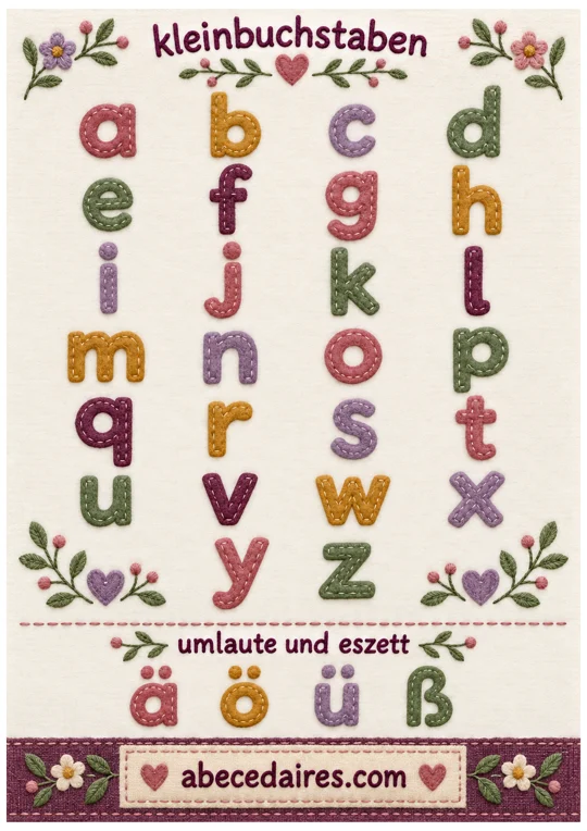 Deutsches Alphabet von A bis Z mit Umlauten und Eszett, Stil kleinbuchstaben, par Abecedaires.com.