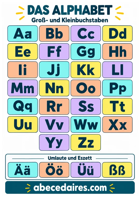 Deutsches Alphabet von A bis Z mit Umlauten und Eszett, Stil groß- und kleinbuchstaben, par Abecedaires.com.