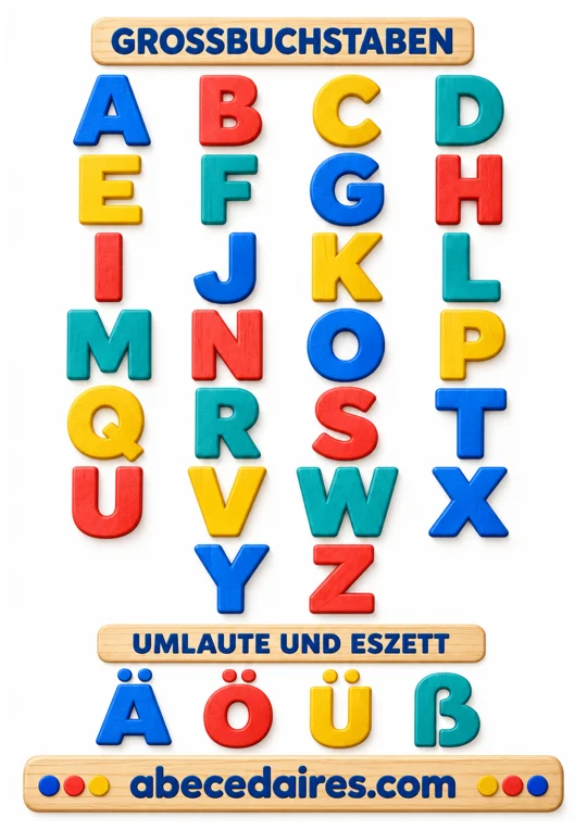 Deutsches Alphabet von A bis Z mit Umlauten und Eszett, Stil großbuchstaben, par Abecedaires.com.
