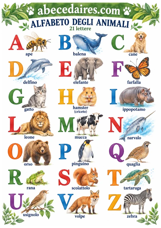 Alfabeto italiano tradizionale di 21 lettere, stile animali — crayons et aquarelle, par Abecedaires.com.