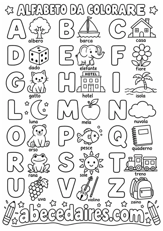 Alfabeto italiano tradizionale di 21 lettere, stile alfabeto da colorare, par Abecedaires.com.