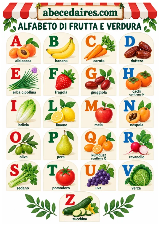Alfabeto italiano tradizionale di 21 lettere, stile frutta e verdura — marché illustré, par Abecedaires.com.