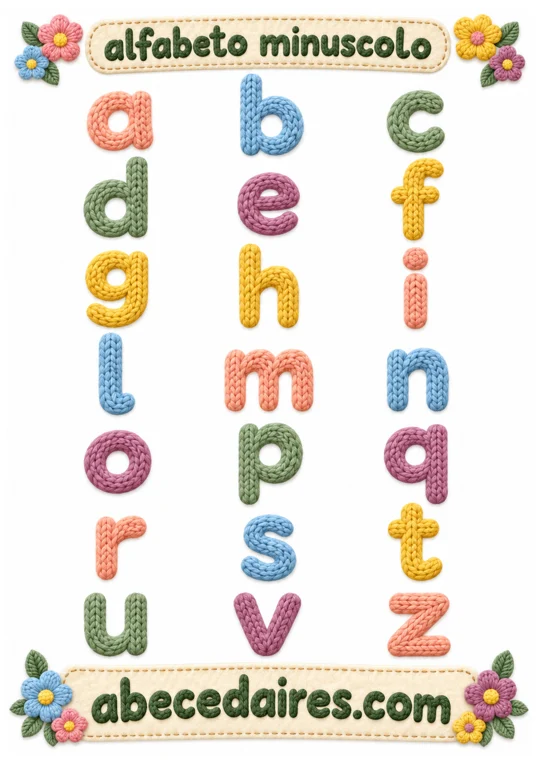 Alfabeto italiano tradizionale di 21 lettere, stile minuscole — lettres en laine, par Abecedaires.com.
