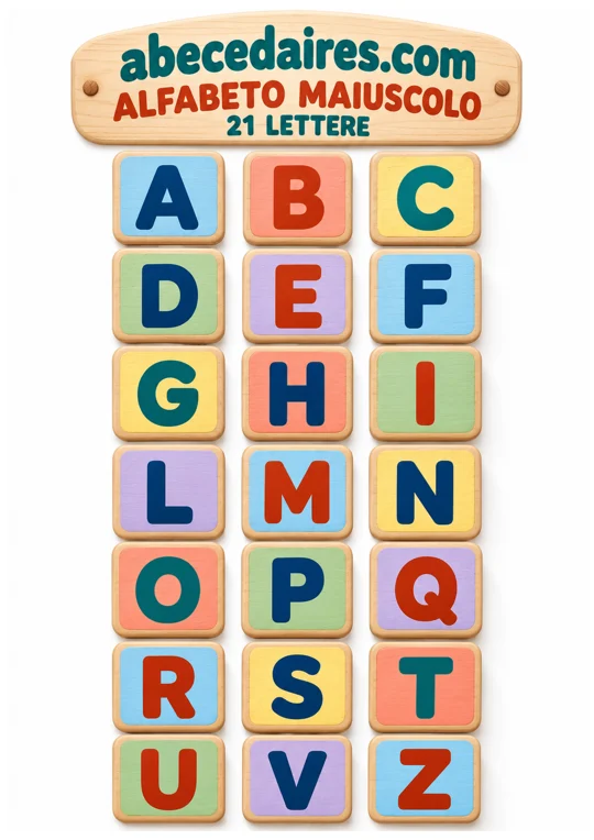 Alfabeto italiano tradizionale di 21 lettere, stile maiuscole — cubes pastel, par Abecedaires.com.