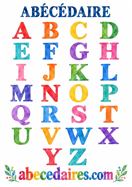 Abécédaire de l’alphabet de A à Z en français, style majuscules — aquarelle multicolore, par Abecedaires.com.