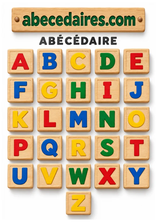 Abécédaire de l’alphabet de A à Z en français, style majuscules — cubes en bois, par Abecedaires.com.