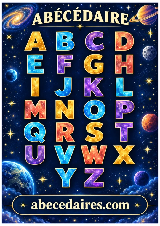 Abécédaire de l’alphabet de A à Z en français, style majuscules — nuit étoilée, par Abecedaires.com.