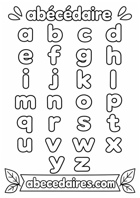 Abécédaire de l’alphabet de A à Z en français, style minuscules — coloriage, par Abecedaires.com.