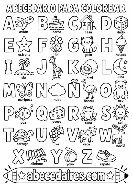 Abecedario español de 27 letras, incluida la Ñ, estilo abecedario para colorear, par Abecedaires.com.