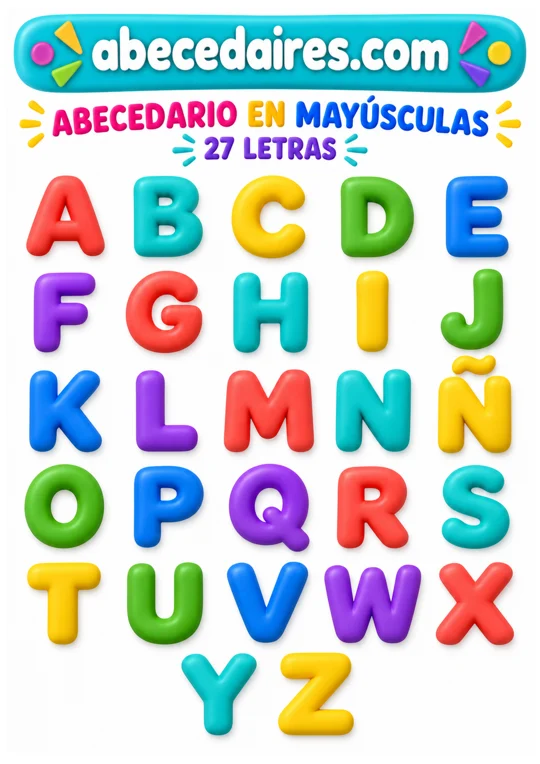 Abecedario español de 27 letras, incluida la Ñ, estilo mayúsculas — lettres en volume, par Abecedaires.com.