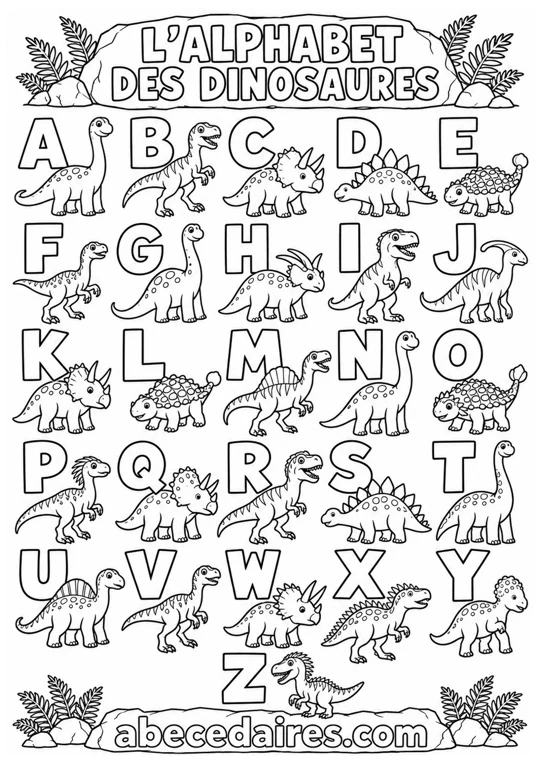Abécédaire à colorier de A à Z en français, noir et blanc, style thème — dinosaures, par Abecedaires.com.