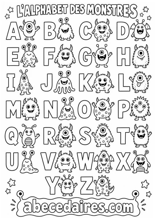 Abécédaire à colorier de A à Z en français, noir et blanc, style thème — monstres rigolos, par Abecedaires.com.