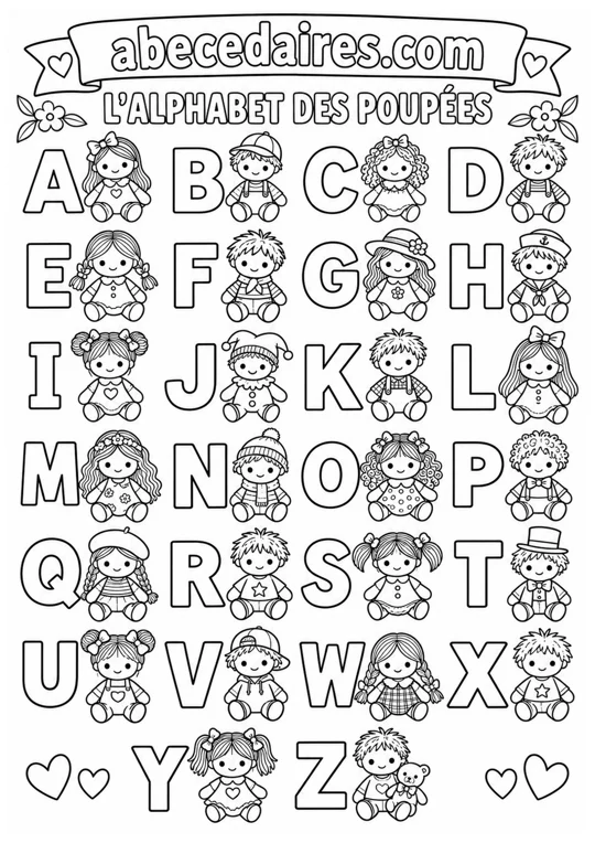 Abécédaire à colorier de A à Z en français, noir et blanc, style thème — poupées, par Abecedaires.com.