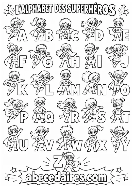 Abécédaire à colorier de A à Z en français, noir et blanc, style thème — superhéros, par Abecedaires.com.