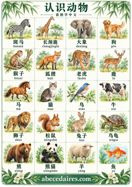 Les animaux en chinois : affiche illustrée Abecedaires.com.