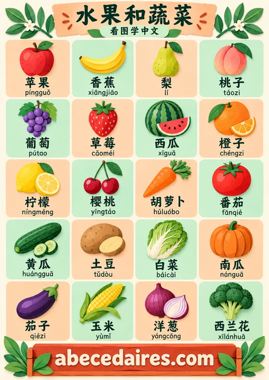 Les fruits et légumes en chinois : affiche illustrée Abecedaires.com.