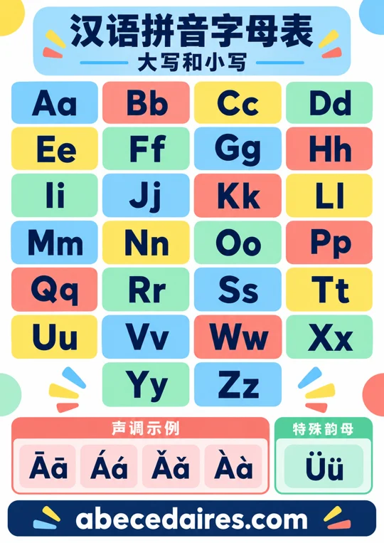 Les lettres du pinyin en duo : affiche illustrée Abecedaires.com.