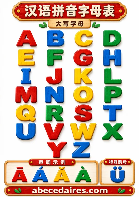 Le pinyin en majuscules : affiche illustrée Abecedaires.com.