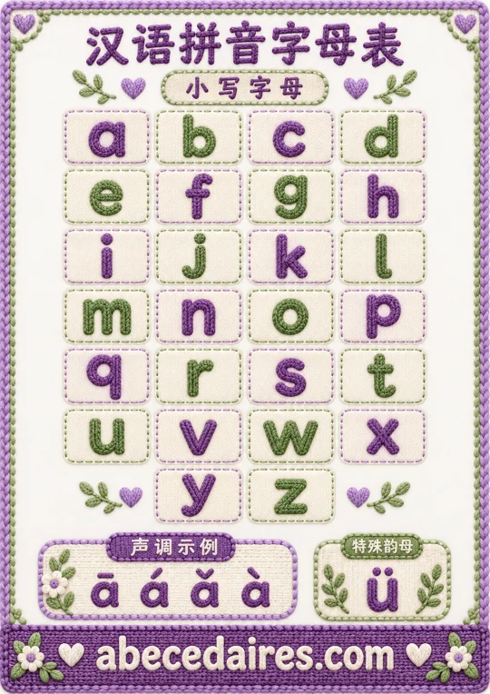 Le pinyin en minuscules : affiche illustrée Abecedaires.com.